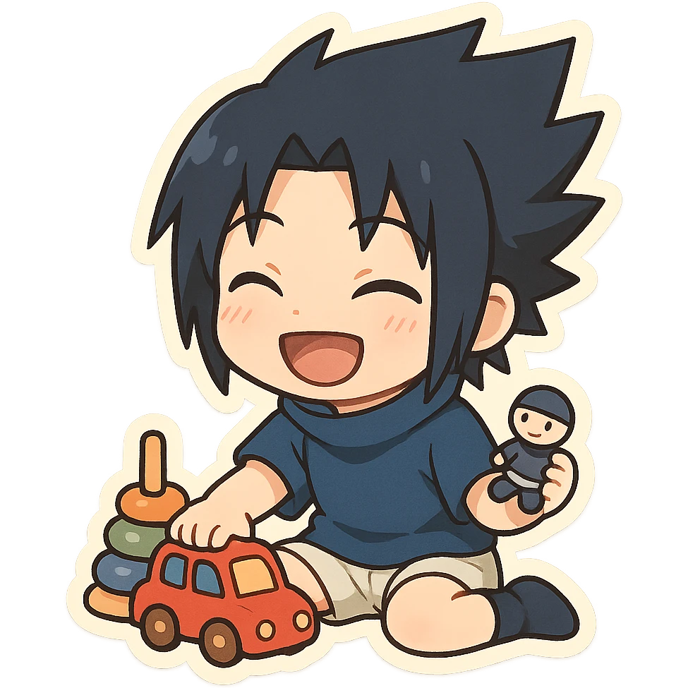 Kid Sasuke, playing with toys with a bright smile, adorable chibi sticker, innocent version of Sasuke emoji
