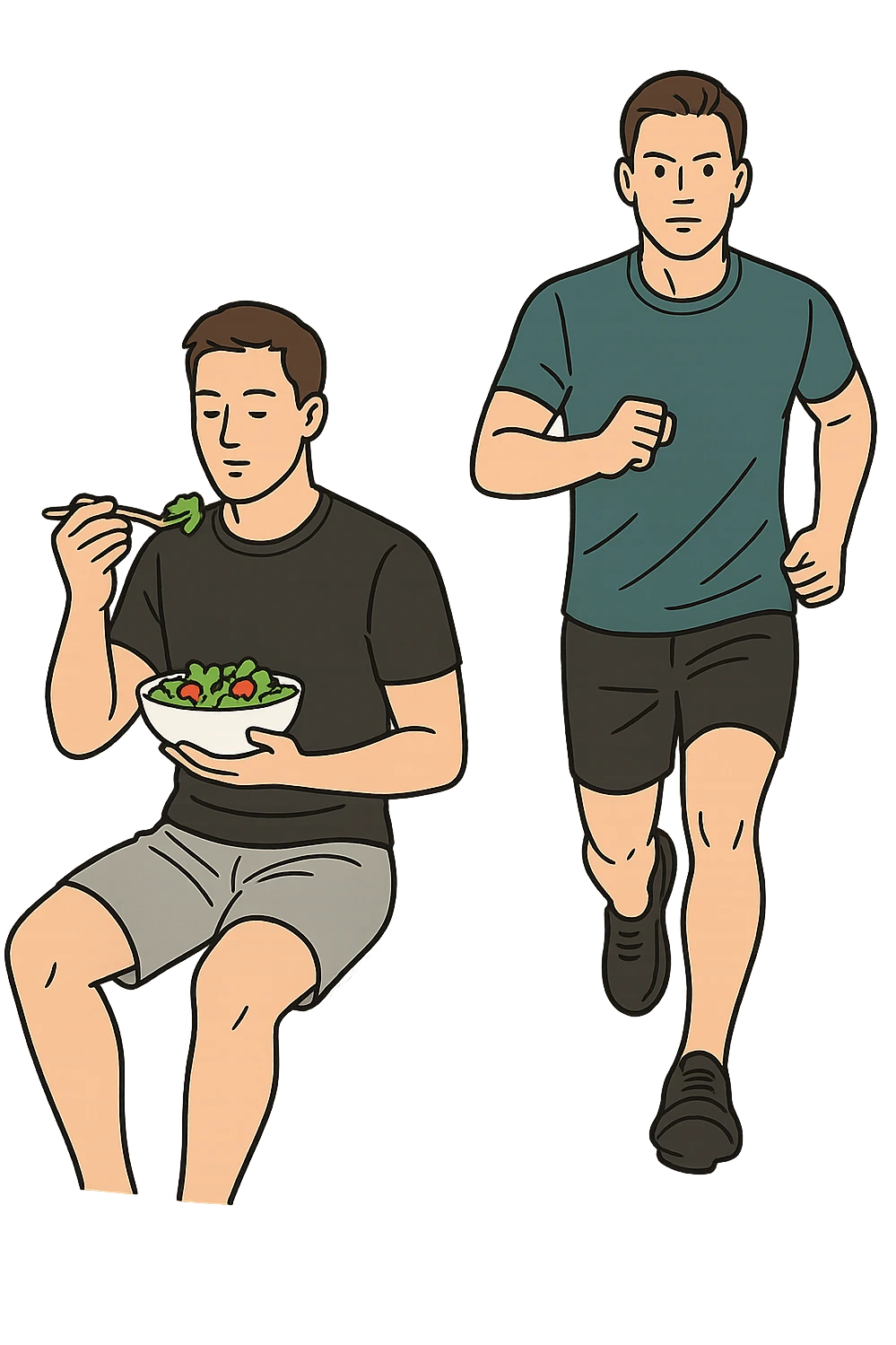 UOMO FITNESS CHE MANGIA INSALATA ACCANTO A UOMO FITNESS CHE CORRE IN POSA FRONTALE emoji