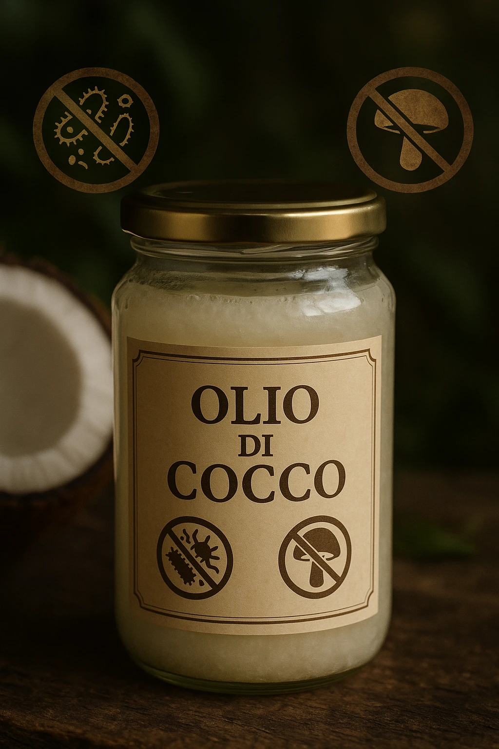 vertical realistic image of a jar of coconut oil with Italian label 'Olio di Cocco', surrounded by symbols indicating action against dysbiosis and fungi (bacteria and fungi crossed out). Cinematic style, natural atmosphere, no other text, vertical 2:3 aspect ratio. emoji
