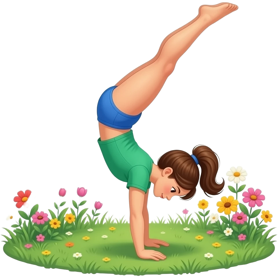 turnerin turnt mit einer airroll in einem Garten mit blumen und grünem gras, die turnerin hat eine blaue turnhose und ein grünes turn t-shirt an emoji