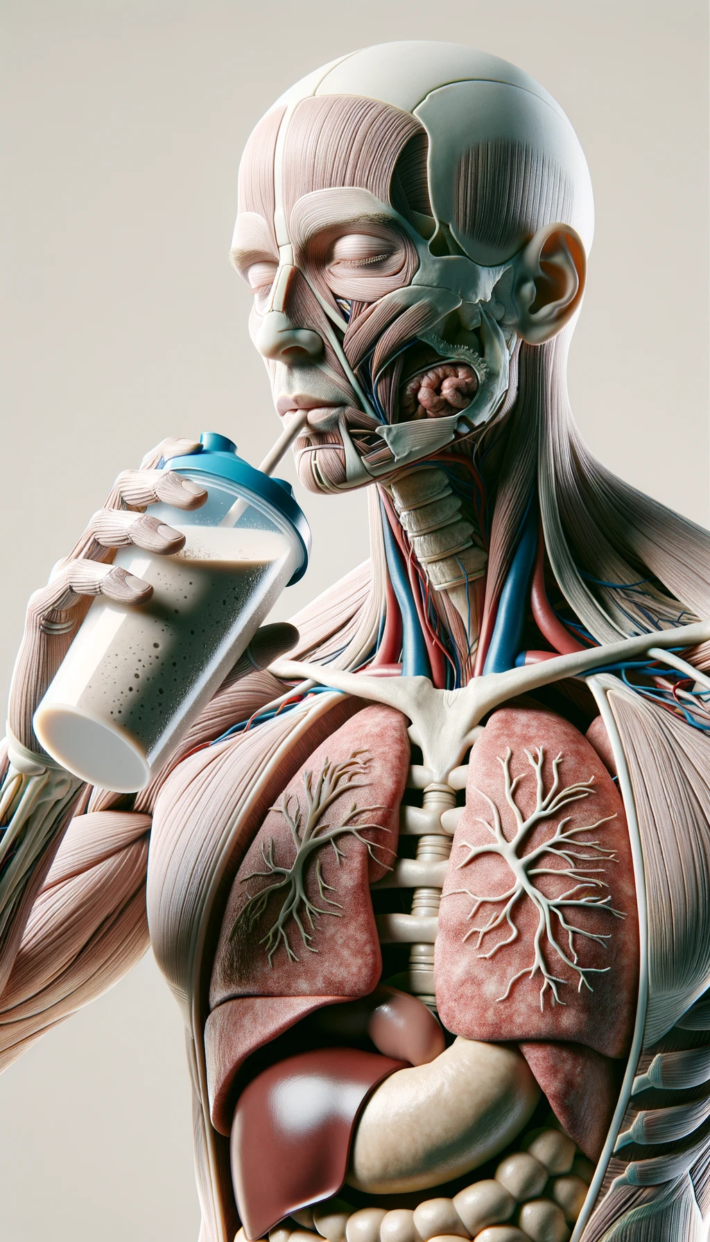 CORPO UMANO ANATOMICO CON OCCHI CHIUSI MENTRE BEVE UNO SHAKER PROTEICO, ORGANI IN EVIDENZA, IPERREALISTICO SFONDO CHIARO NEUTRO emoji