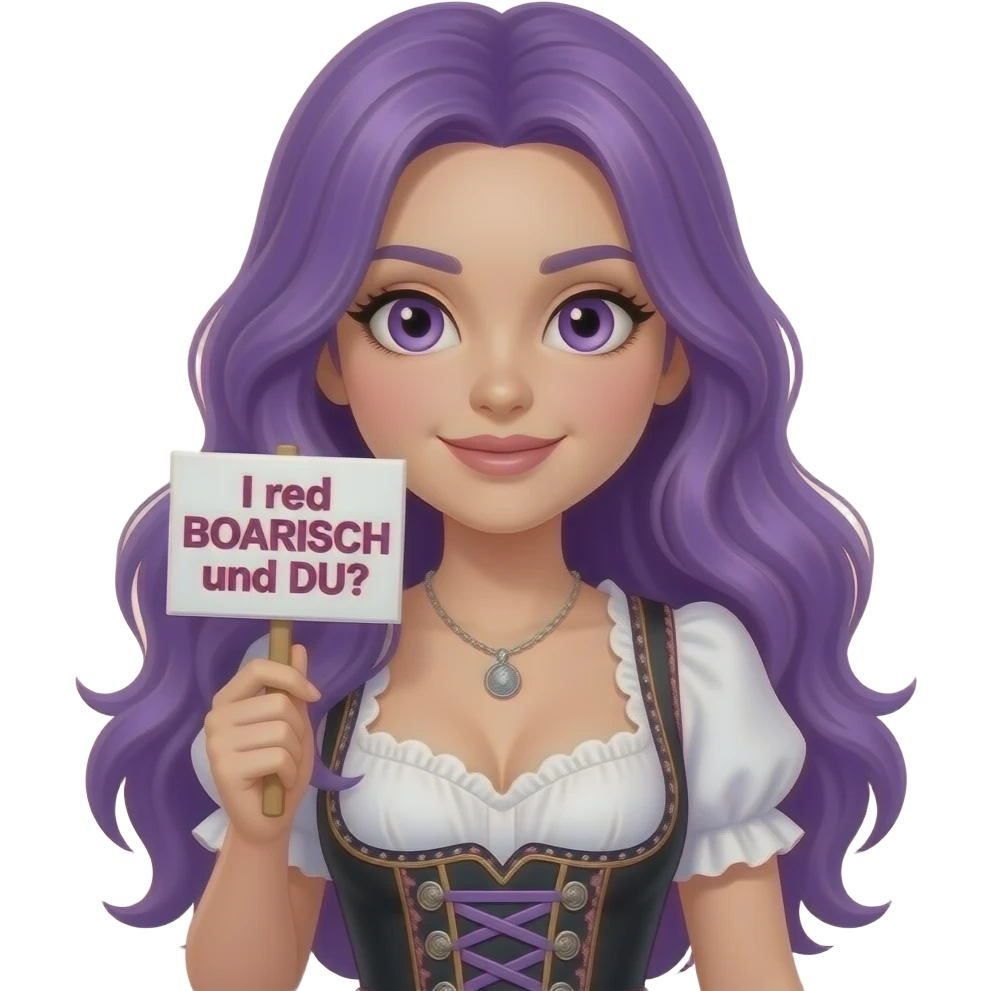 sexy girl with long purple hair and purple eyes wearing a dirndl holding a I red BOARISCH und DU? sign emoji