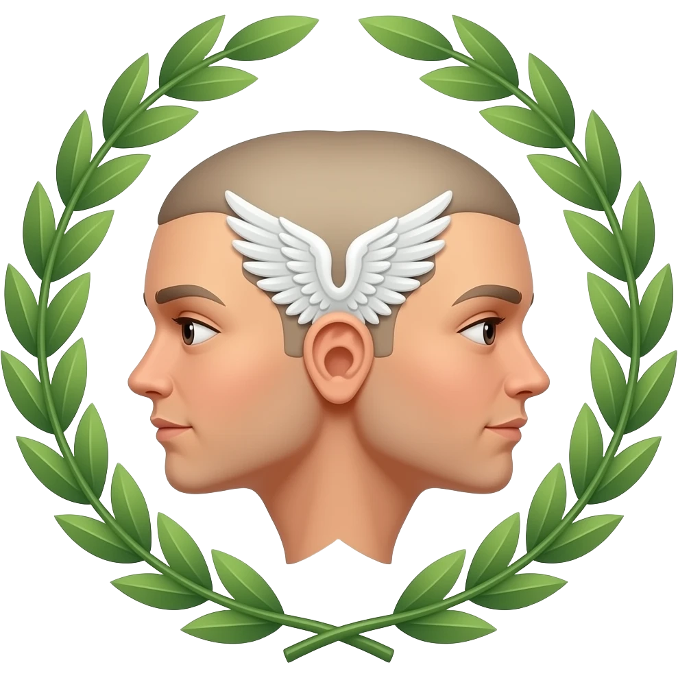twins two faces in profile in a symmetrical composition, instead of ears they have small wings around their heads a laurel wreath emoji