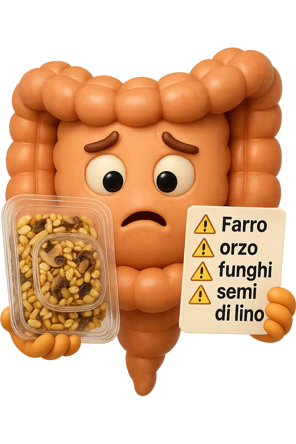 SU QUESTO STILE FAI UN EMOJI STILE IPHONE 3D DI UN INTESTINO CHE HA IN MANO UN insalata di farro mista CONFEZIONATa DA SUPERMERCATO E LEGGE L'ETICHETTA NUTRIZIONALE CON GLI INGREDIENTI IN ITALIANO, ACCANTO ALL'insalata CHE HA IN MANO C'è UN FOCUS SULL'ETICHETTA CON GLI INGREDIENTI SCRITTI, "Farro, orzo, funghi, semi di lino" accanto ad ogni nome scritto mettici un segnale di allarme, FAGLI UN ESPRESSIONE CONFUSA MENTRE LEGGE E FALLO MOLTO REALISTICO IN 3D emoji