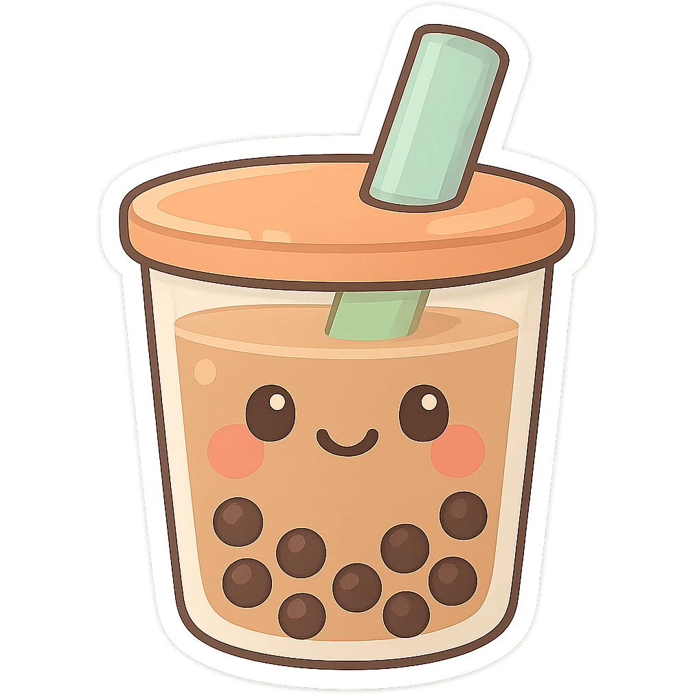 chibi sticker-style bubble tea with a smiling face, cute and exaggerated emoji