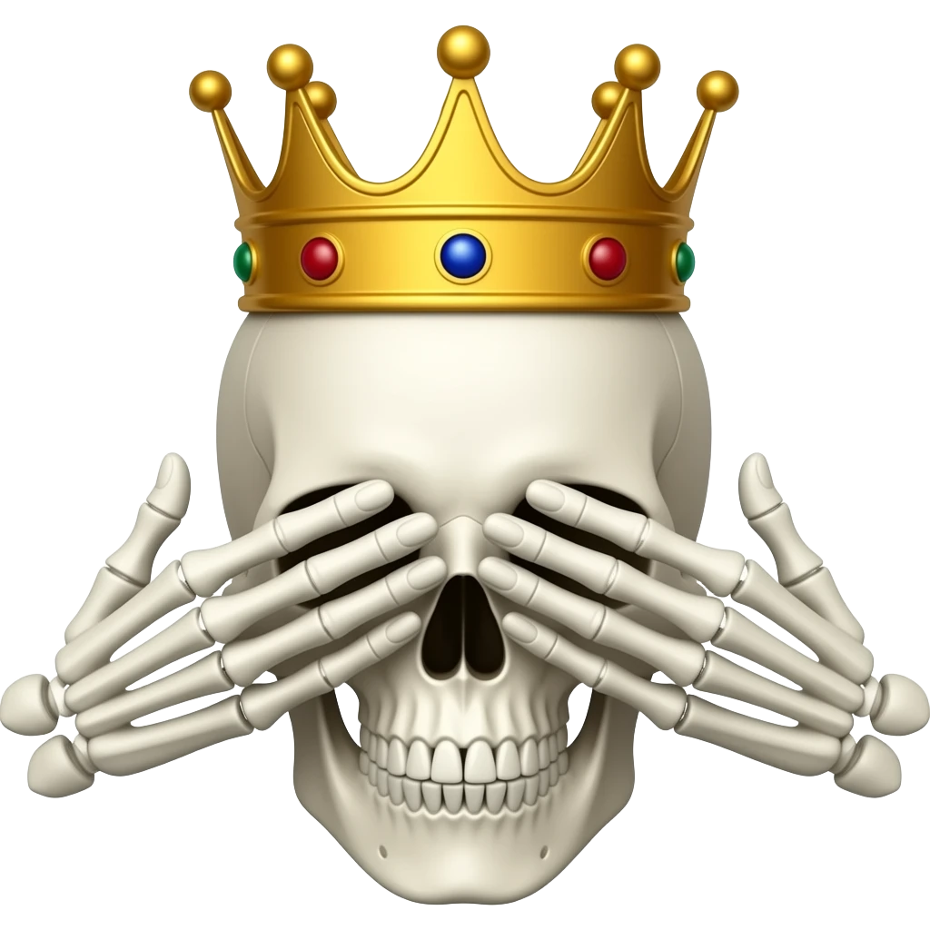 A skull face emoji and crown emoji and hands on eyes emoji