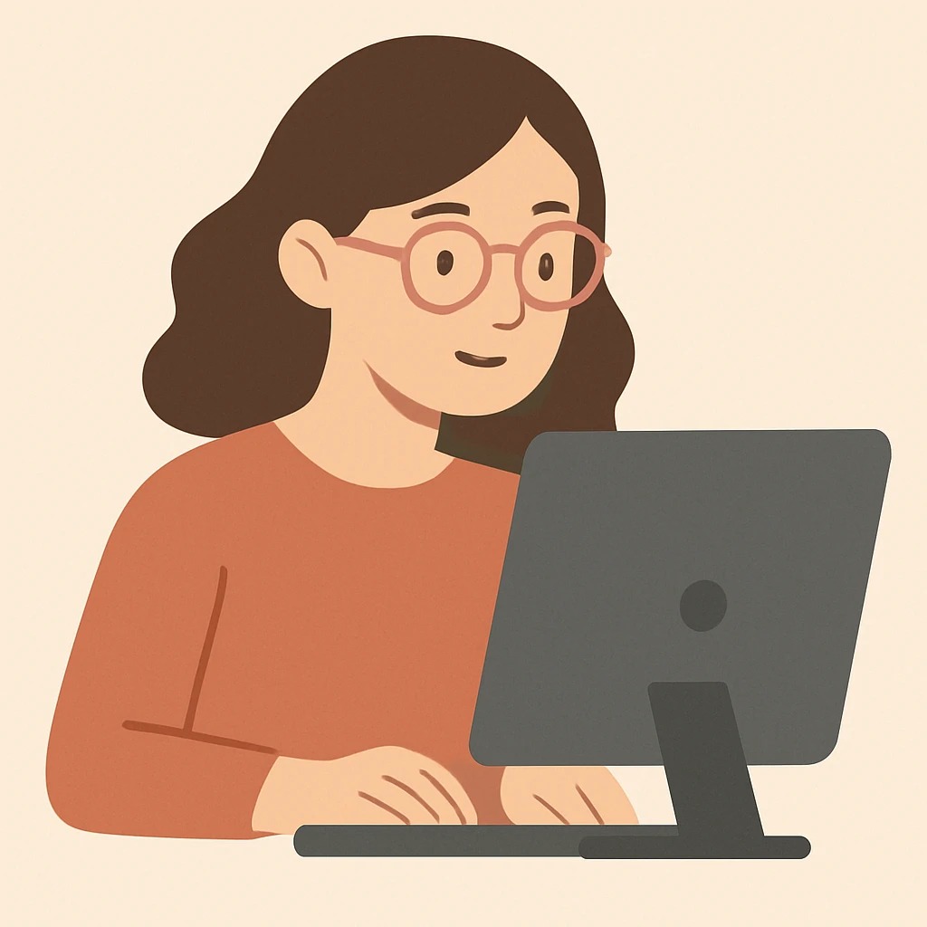 woman with light pink glasses working on computer, light skin, brown hair, flat minimalist style, light background emoji