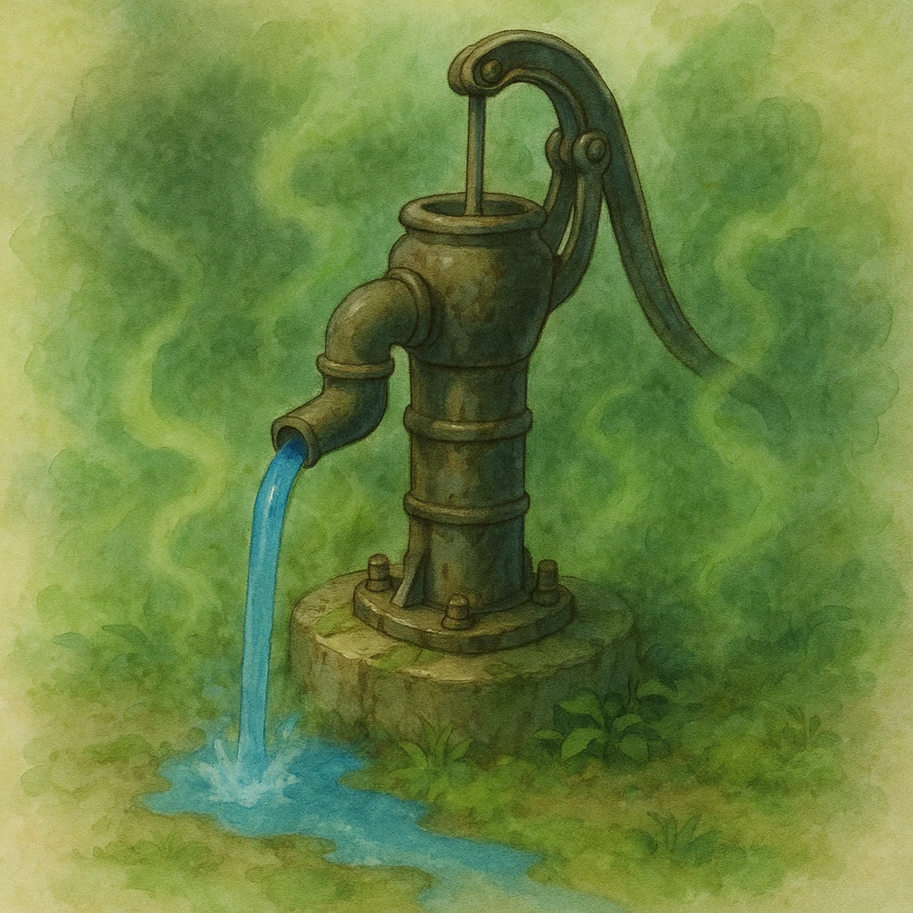 a Ghibli-style water pump with blue water and a subtle sickly green mist to suggest cholera emoji