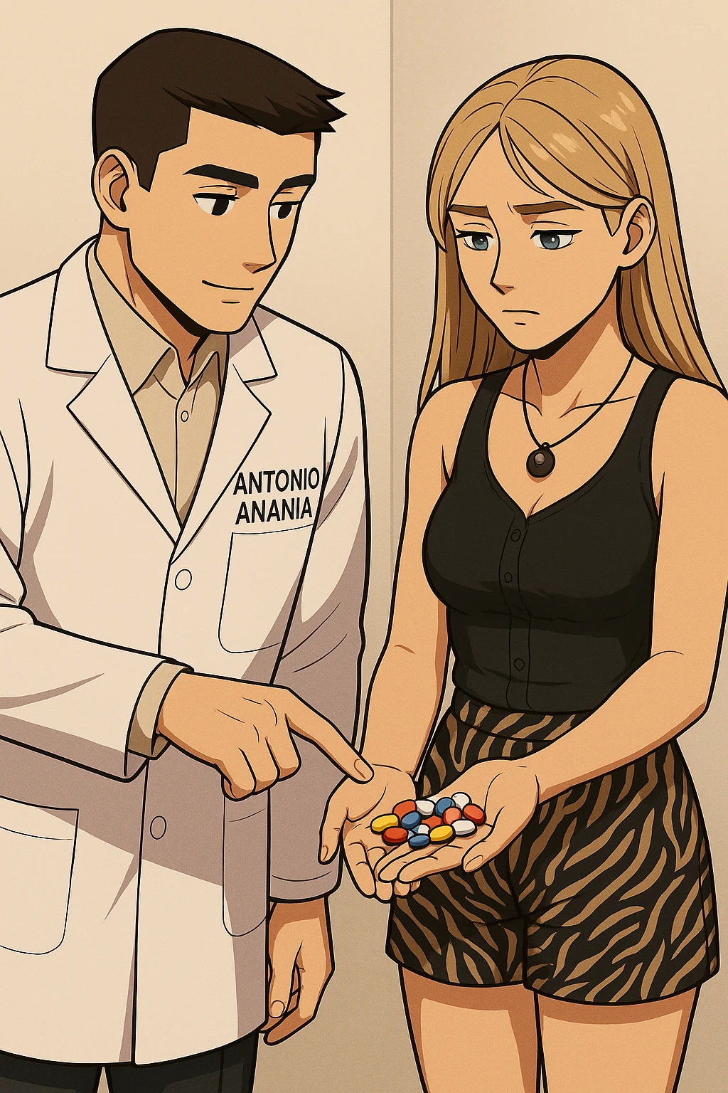 fai un webtoon/manga a colori con questo kinesiologo in camice bianco (fagli la scritta "ANTONIO ANANIA" SUL CAMICE) CHE PARLA CON QUESTA RAGAZZA CON GLI OCCHI AZZURRI. LA RAGAZZA HA UN PUGNO DI INTEGRATORI IN MANO (TANTE PILLOLE DIVERSE) E LE GUARDA DUBBIOSA. IL KINESIOLOGO CON IL CAMICE BIANCO LE TOCCA LA PANCIA CON UN DITO. NON FARE I FUMETTI, FAI SOLO LORO COME SE DIALOGASSERO emoji