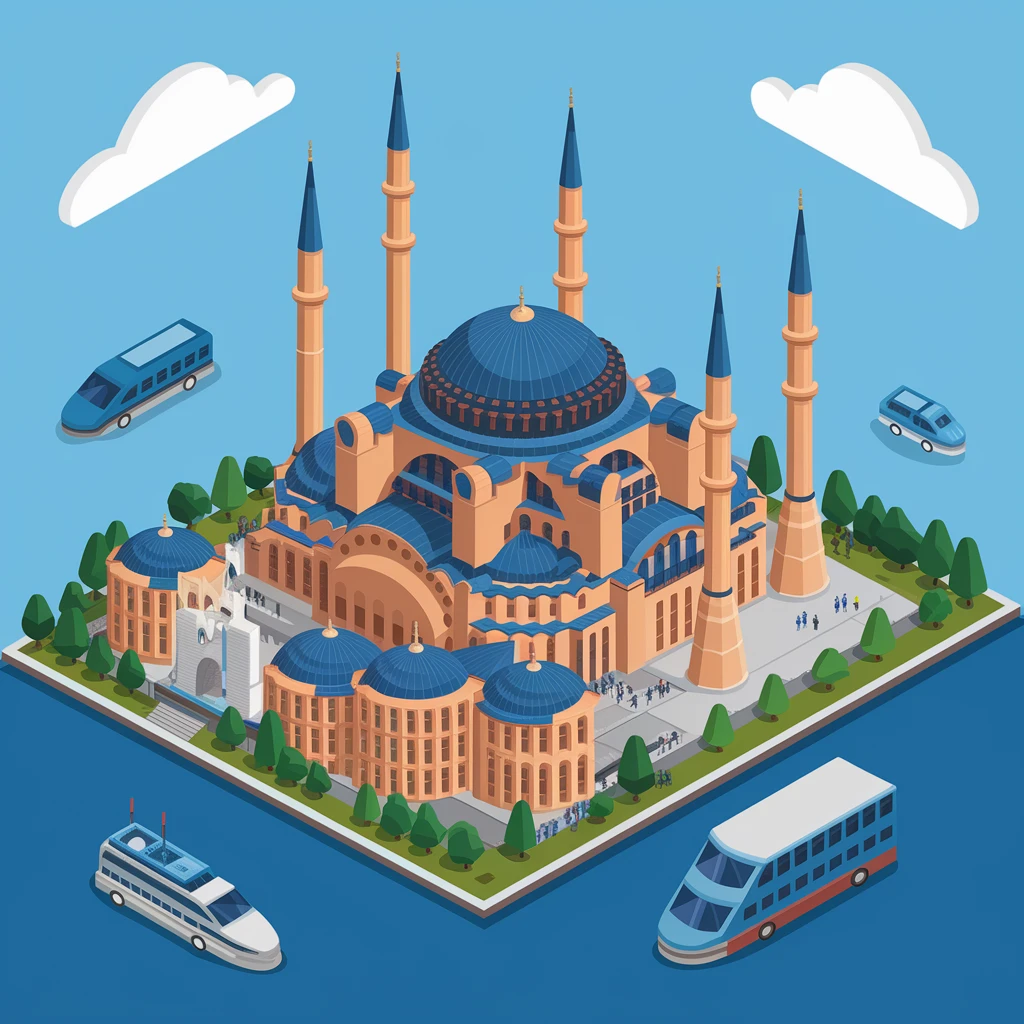 Isometric illustration of Istanbul, featuring photorealistic Hagia Sophia emoji