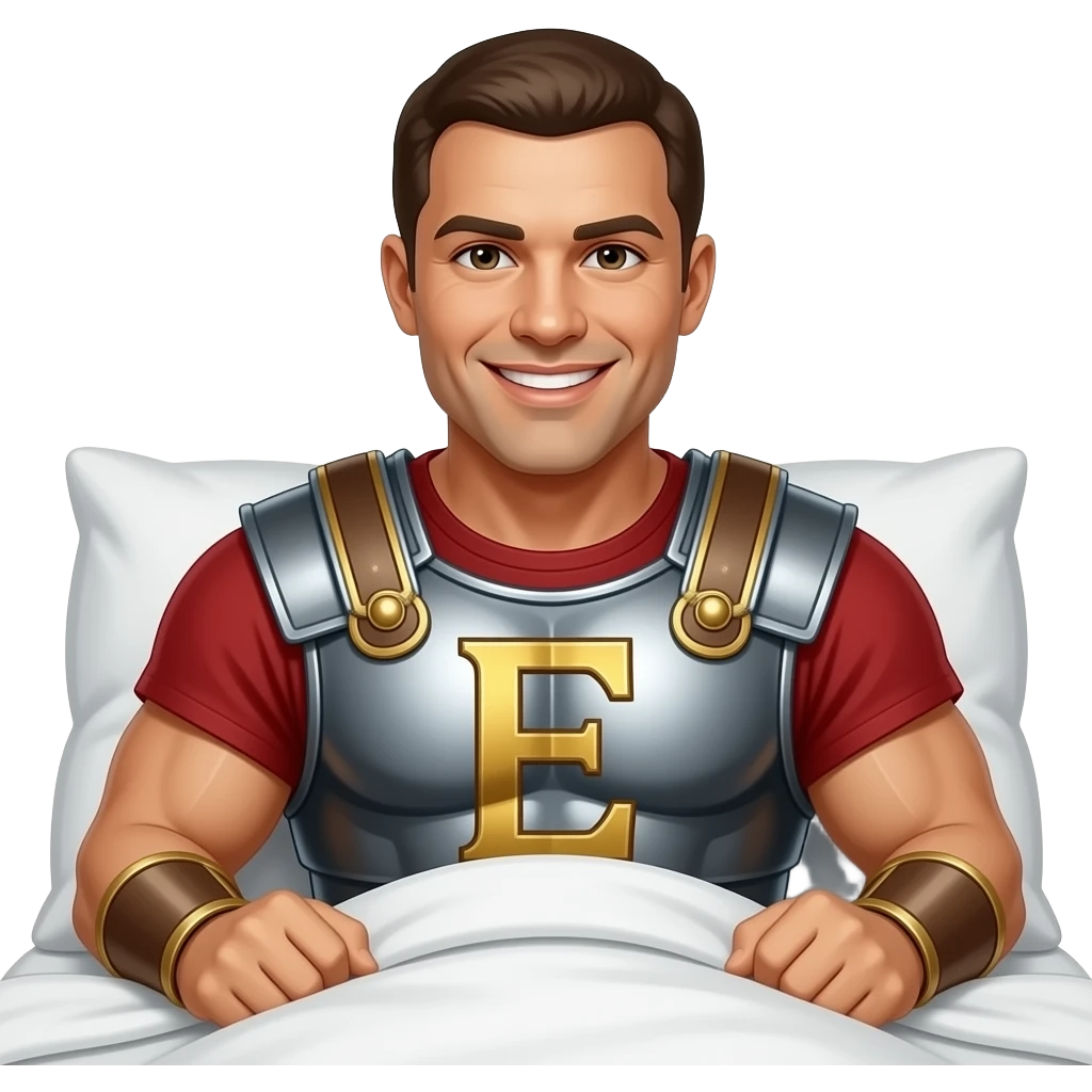 Muscular Roman soldier bald brown eyes smiling letter E on breast plate brunette in bed Brazilian waxed emoji
