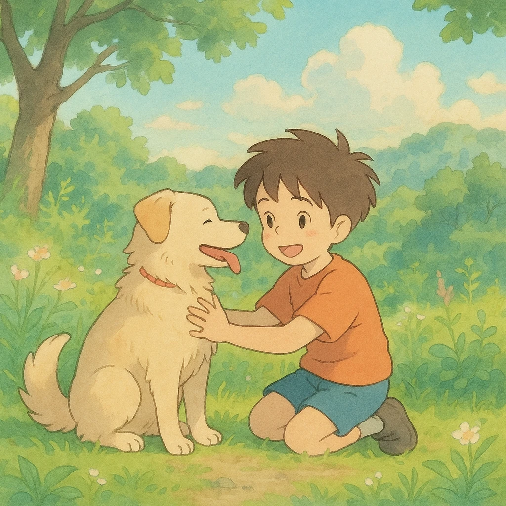 kid and his pet dog in studio ghibili style emoji