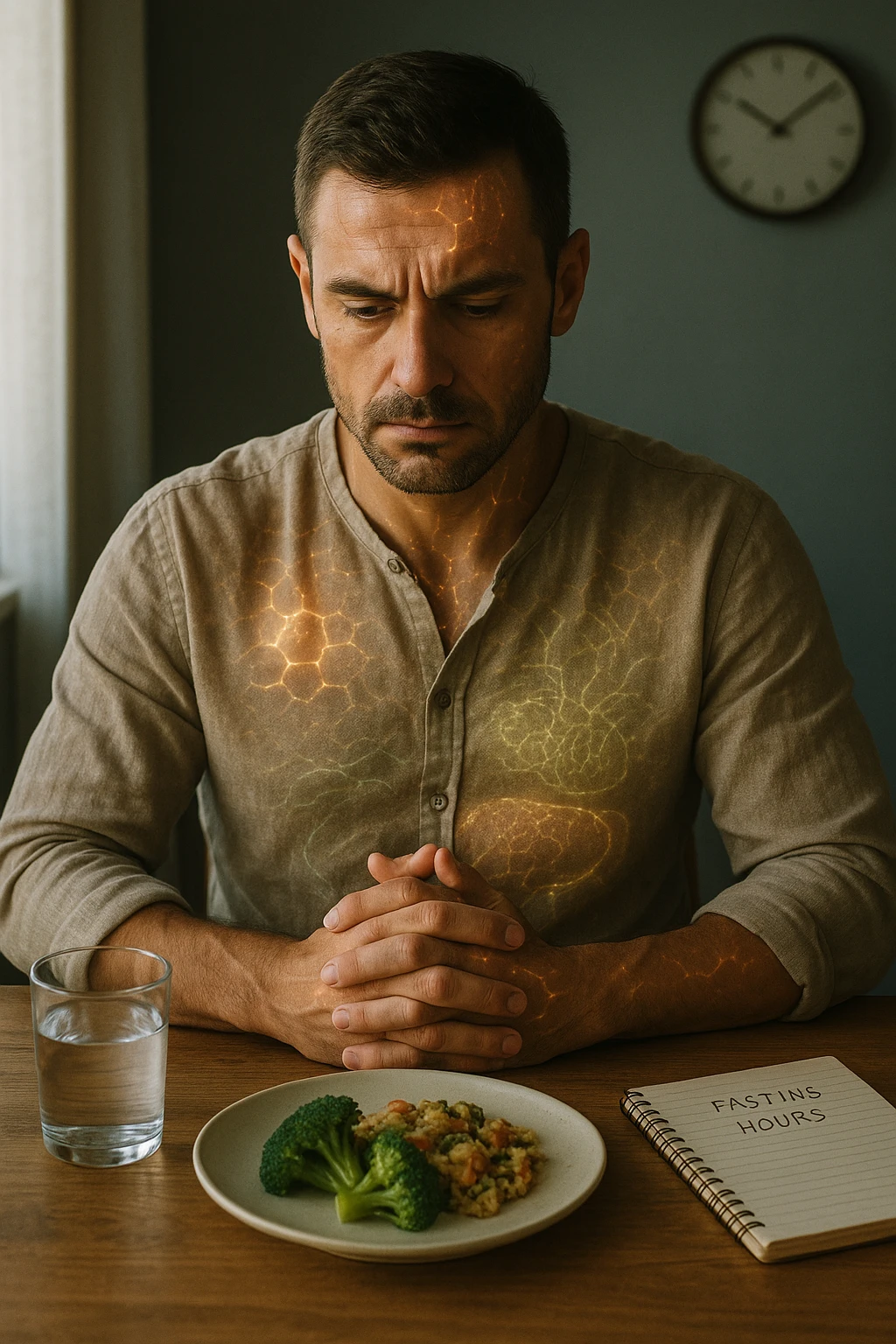 A cinematic close-up of a focused man in his mid-30s with slight beard and tired but determined eyes, sitting alone at a simple wooden table with an untouched plate of food in front of him. His hands are clasped, fingers interlocked in a meditative position over his lower abdomen, symbolizing willpower and internal balance. He wears a lightweight natural fiber shirt, sleeves rolled up. The lighting is soft and natural, early morning light coming from a nearby window. Around him, visual cues of cellular regeneration — faint glowing patterns subtly overlaying his body, especially near the liver, gut, and brain, suggesting autophagy and deep healing. The room is minimalist: a glass of water, a notebook with fasting hours, and a clock in the background ticking calmly. The tone is serene, intentional, and deeply introspective. Shot in 35mm cinematic style, warm highlights and clean shadows. emoji