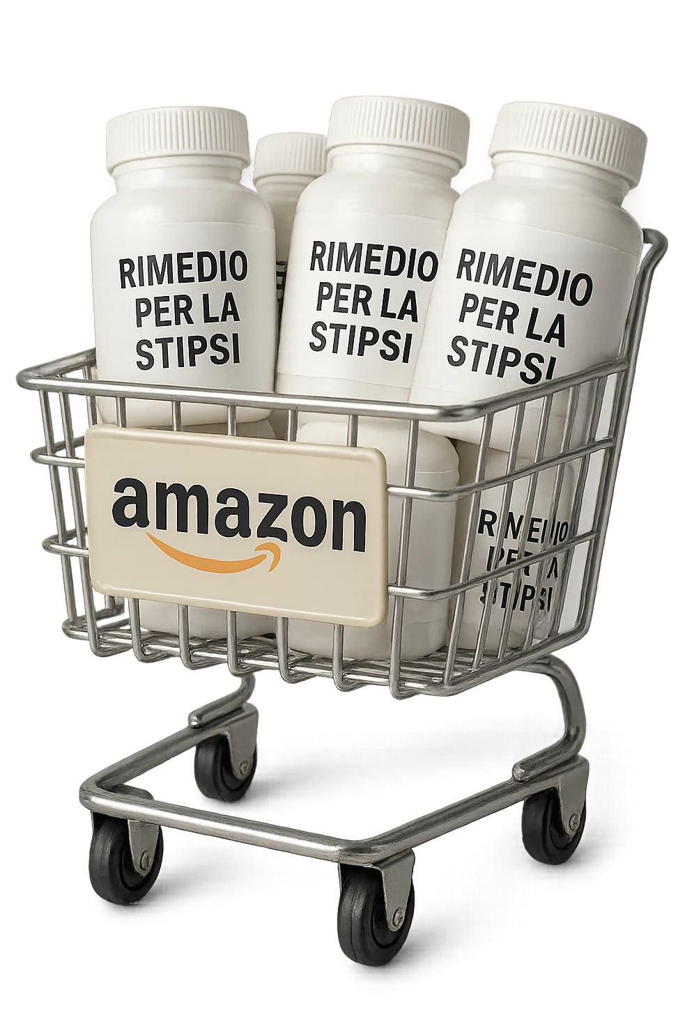 emoji stile iphone di un carrello per la spesa con l'icona di amazon stampata sopra, dentro al carretto ci sono varie boccette di integratori con la scritta "RIMEDIO PER LA STIPSI", iperrealistico 4k emoji