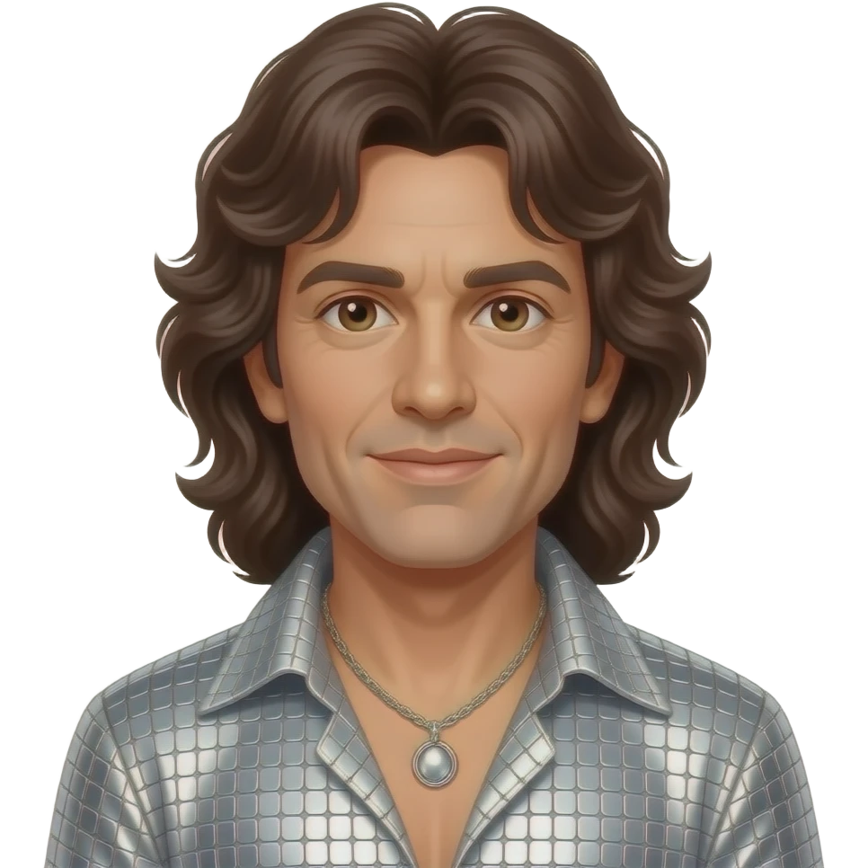 Barry Gibb from Bee Gees with brown eyes, long dark brown 1970s wavy hair, silver metallic disco outfit, necklace emoji