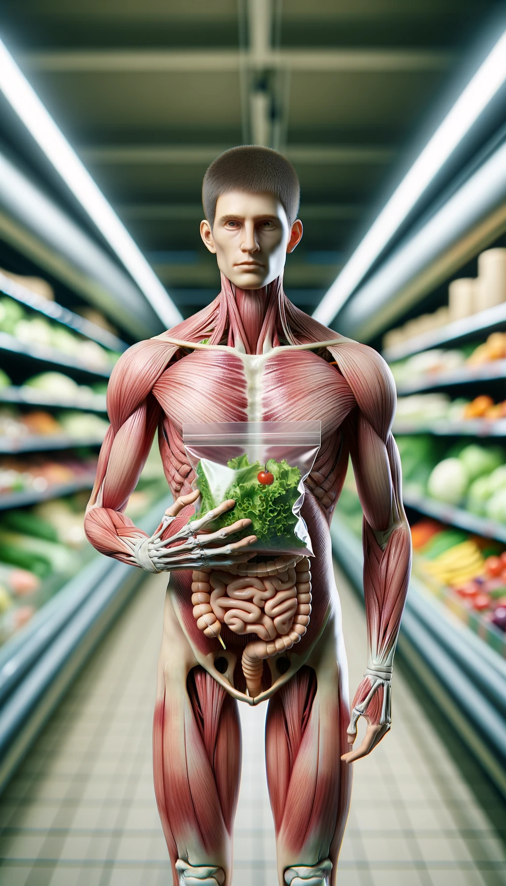corpo umano anatomico con capelli corti in un supermercato che tiene in mano una busta di insalata di plastica preconfezionata, intestino anatomico realistico in evidenza, supermercato sfocato sullo sfondo emoji