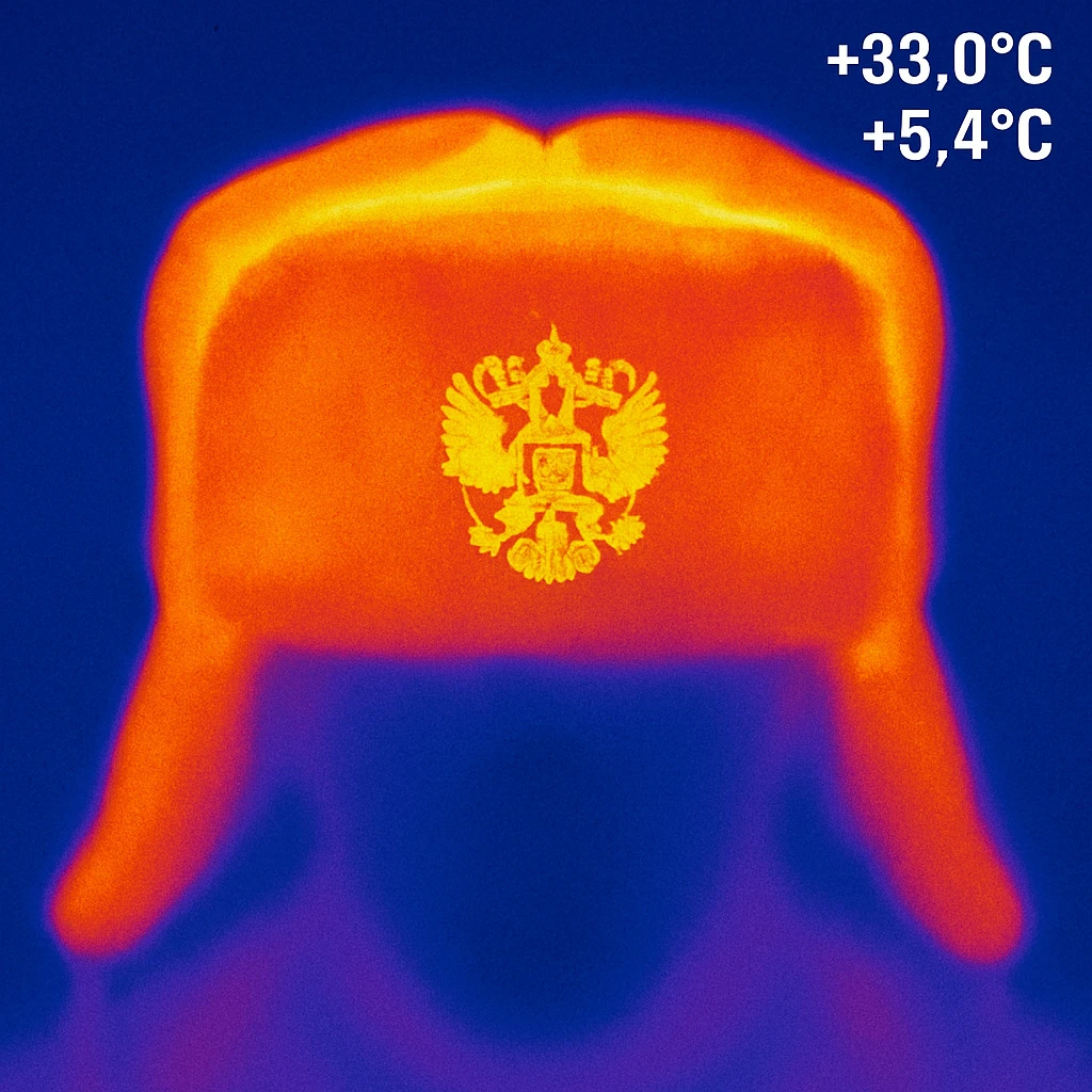 Russian hat ushank with the small coat of arms of Russia, with background, thermal camera style emoji