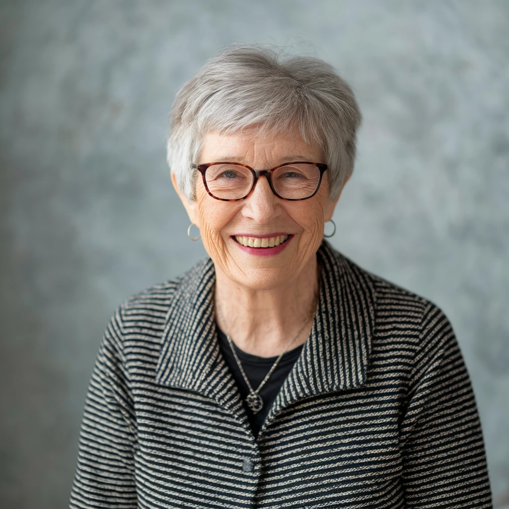 elderly woman with glasses, smiling, short gray hair emoji