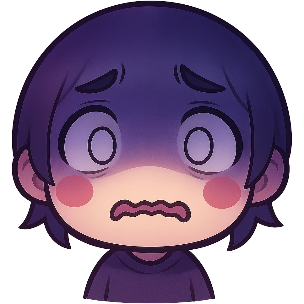 Make the shadow on the upper half much more dramatic and intense, with deep dark blue and purple tones in anime style. Make the face look even more depressed, paranoid, and shadowy, with a trembling frown and wide blank eyes. Keep it minimal, colorful, and emoji-like, no realism or horror. emoji