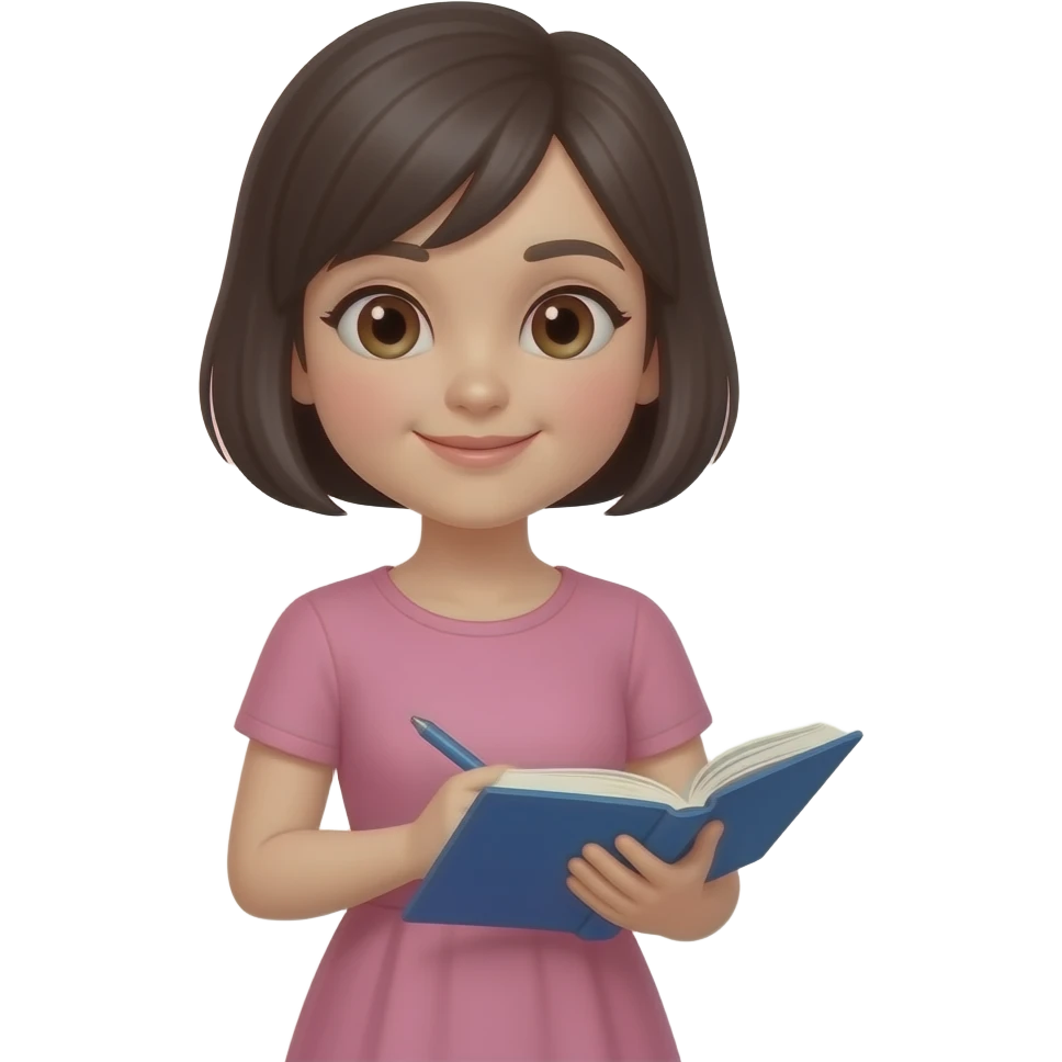 chica de cabello oscuro y corto, con ojos color cafe, con vestido color rosa, estudiando finanzas emoji