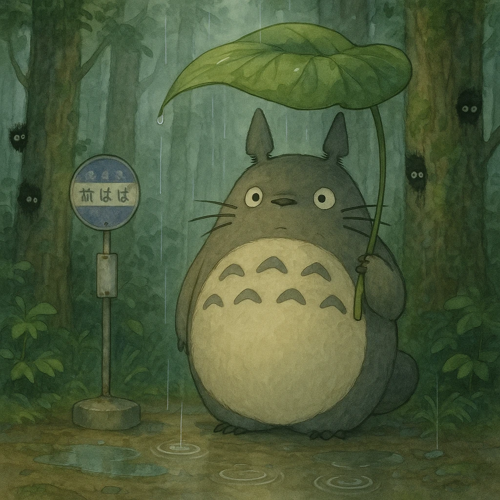 Totoro waiting at a misty forest bus stop, holding a giant leaf umbrella, while tiny soot sprites peek out from tree trunks nearby and raindrops ripple in puddles at his feet. emoji