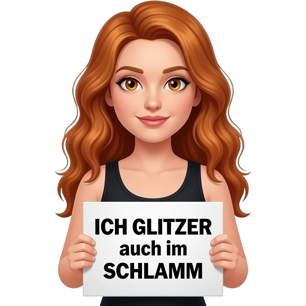 sexy girl with long wavy ginger hair and ginger eyes wearing a black tanktop is holding a white colored sign with ICH  GLITZER auch im SCHLAMM written on it emoji