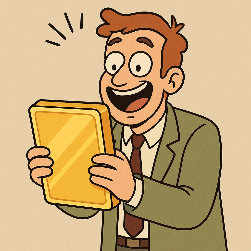 a lucky man with a gold tablet, cartoon style emoji
