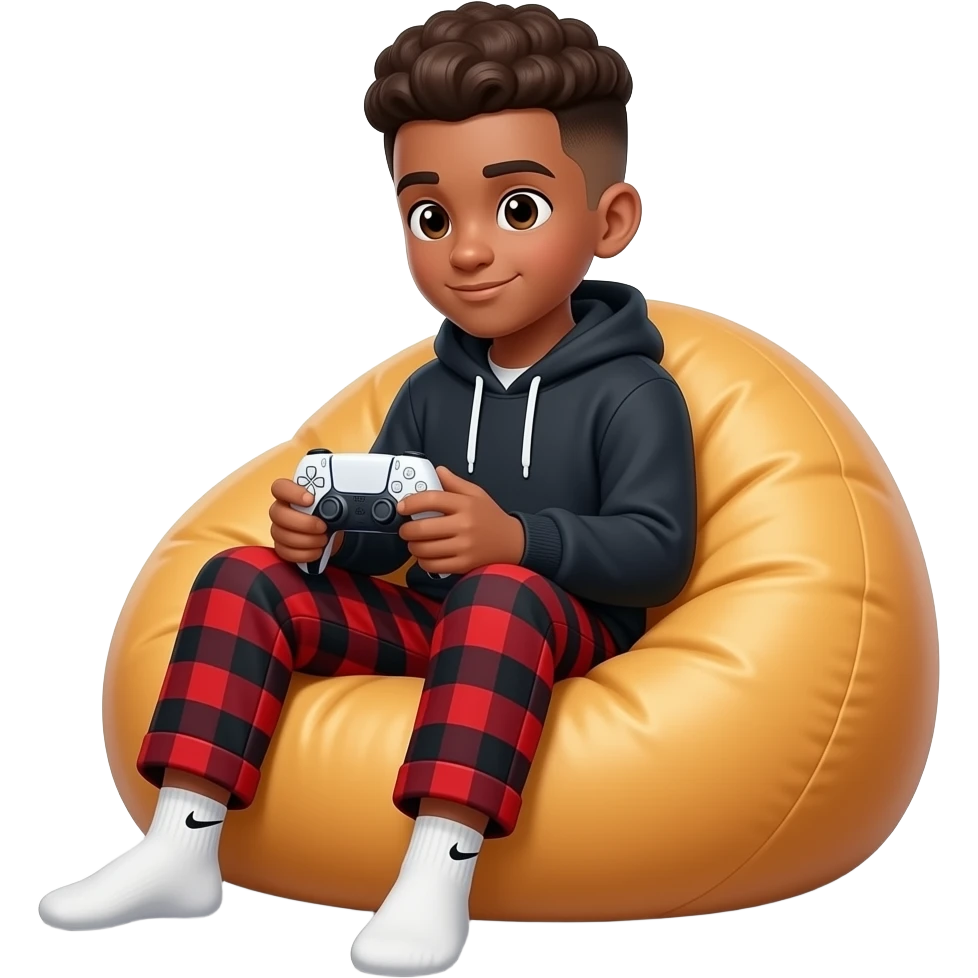 make me a black high schooler with a brown low taper fade with textured hair playing in the ps5 wearing red and black pajama pants with a comfrt hoodie wearing nike socks on a giant bean bag emoji