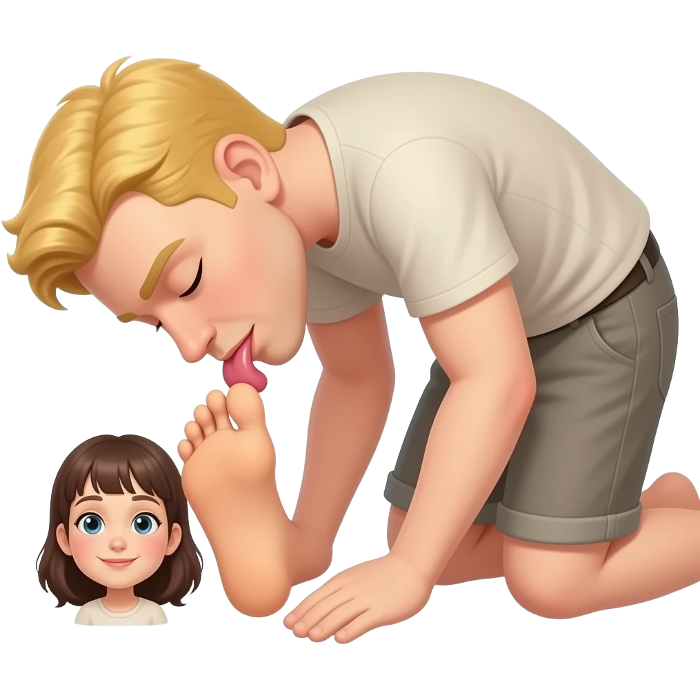 Blonde man with closed eyes bowed, licking soles of a brunette emoji