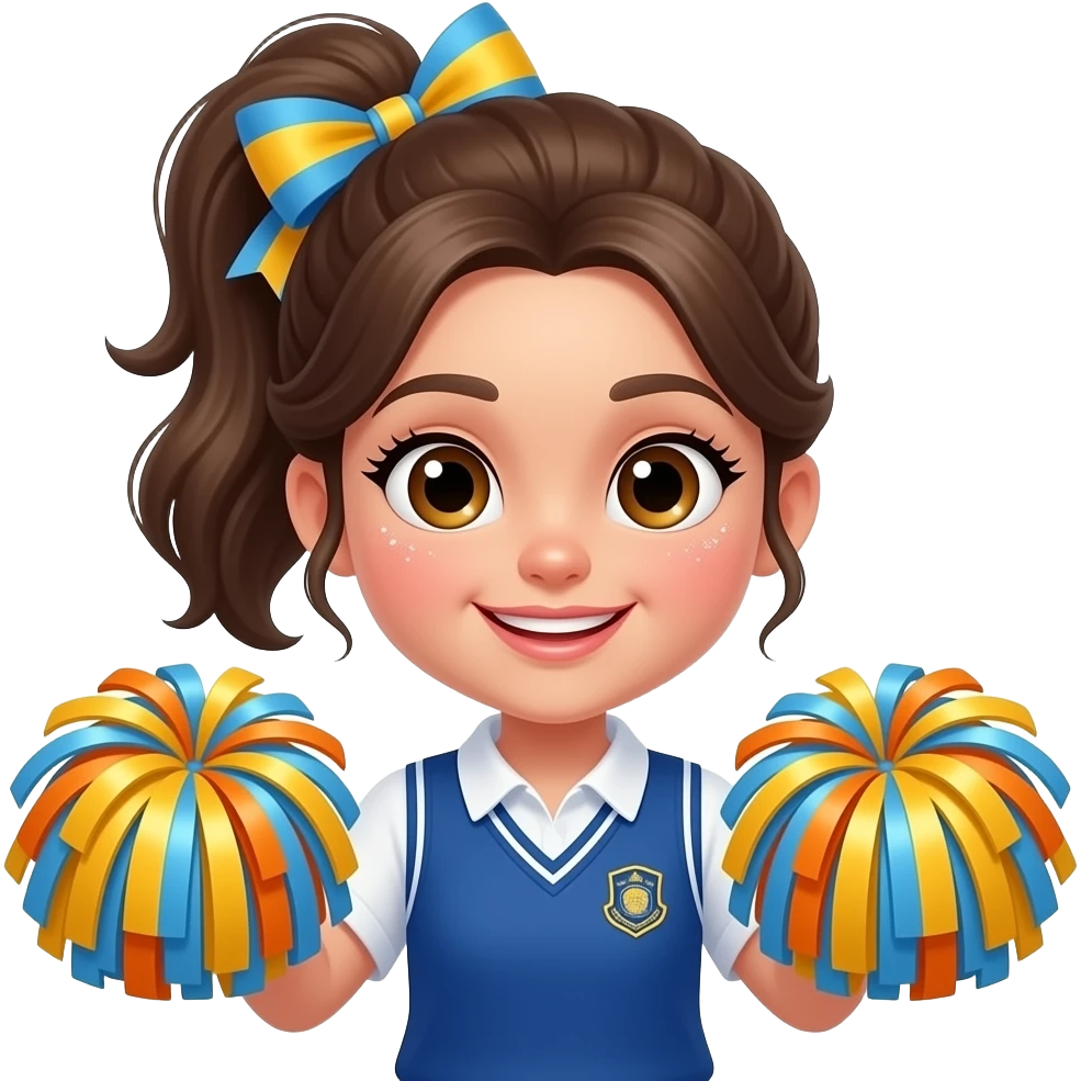 The schoolgirl has her hair in a high ponytail, tied with a brightly colored bow, and has a little glitter at the corners of her eyes. She's holding cheerleading pom-poms and looks cheerful. emoji