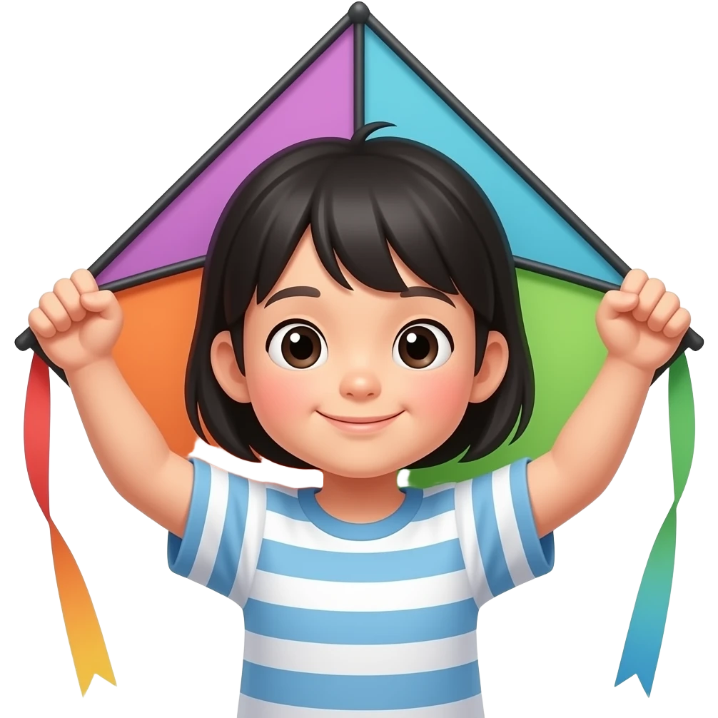 asian kid holding kite with both hands , front facing closeup emoji