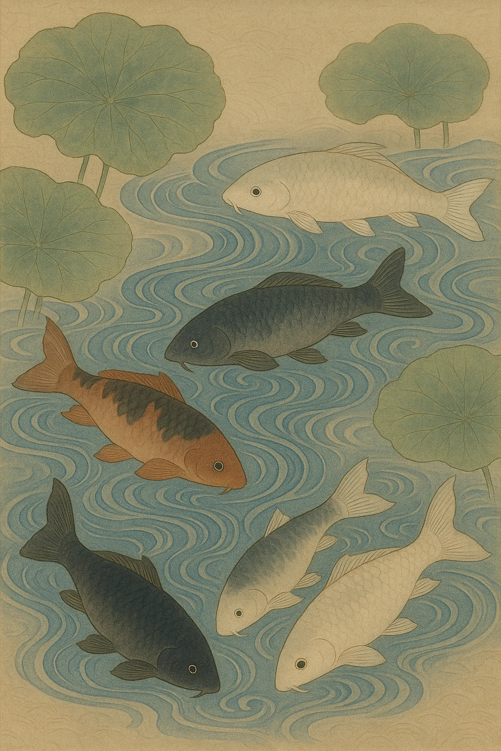 koi fish swimming among swirling blue water and lotus leaves, vibrant yet refined, traditional Japanese art techniques, nihonga style emoji