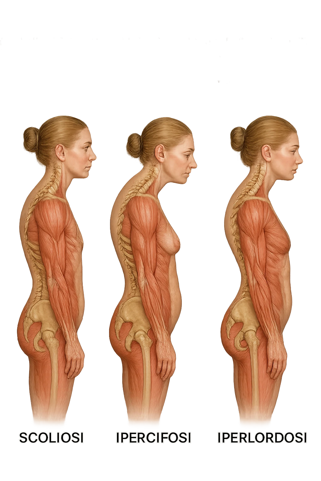 fai un immagine identica che riguarda 3 posture scorrette: scoliosi, ipercifosi e iperlordosi. falla iperrealistica anatomica in 4k emoji