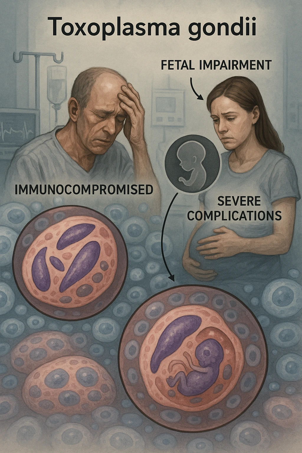 Toxoplasma gondii, infetta uomo immunodepresso e donne incinta. Causando gravi problemi tutto scritto in italiano immagine realistica emoji