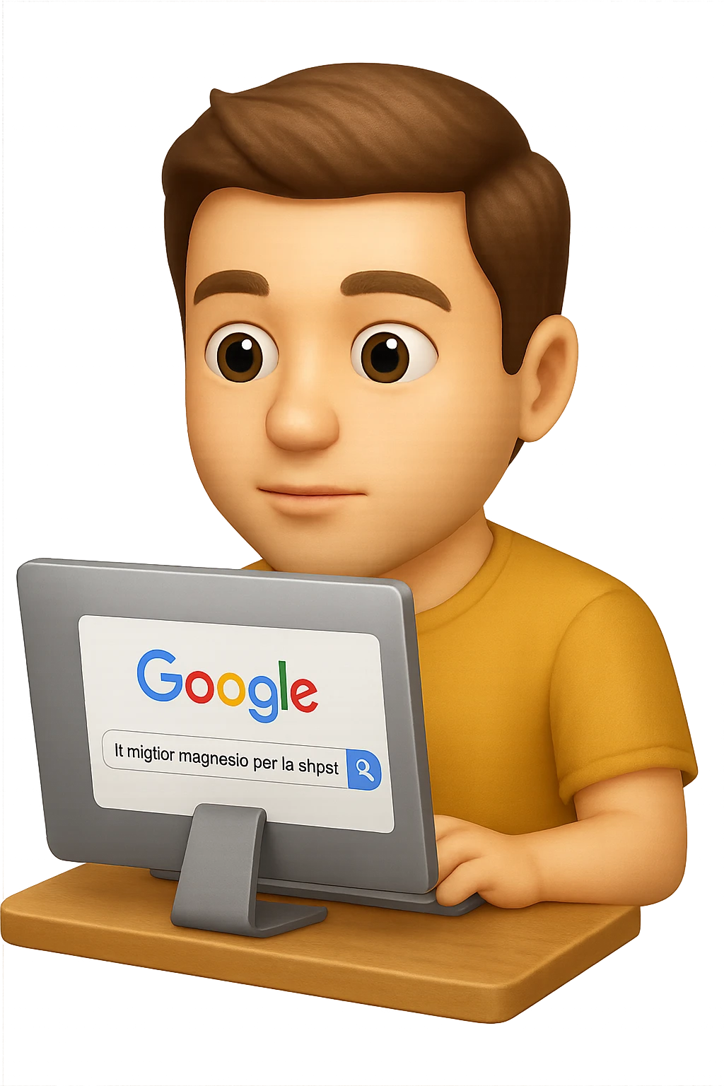 emoji stile iphone di un uomo davanti al pc che cerca di google: "Il miglior magnesio per la stipsi", iperrealistico 4k emoji