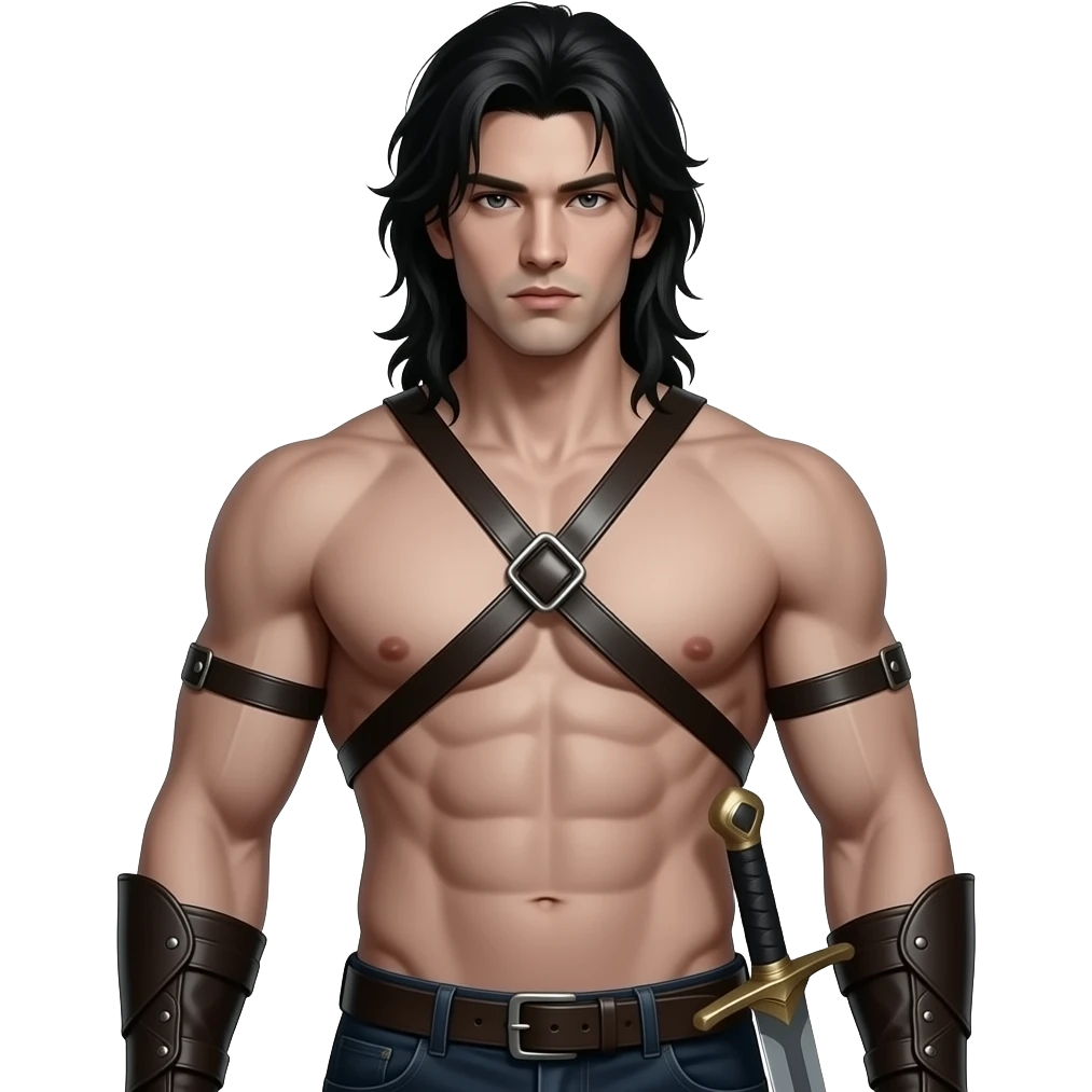 Sexy gothic sreong man no shirt  leather straps with a sword emoji