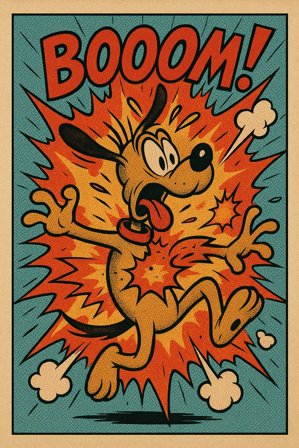 a cartoon dog exploding in a playful, over-the-top way, vibrant colors, comic style emoji
