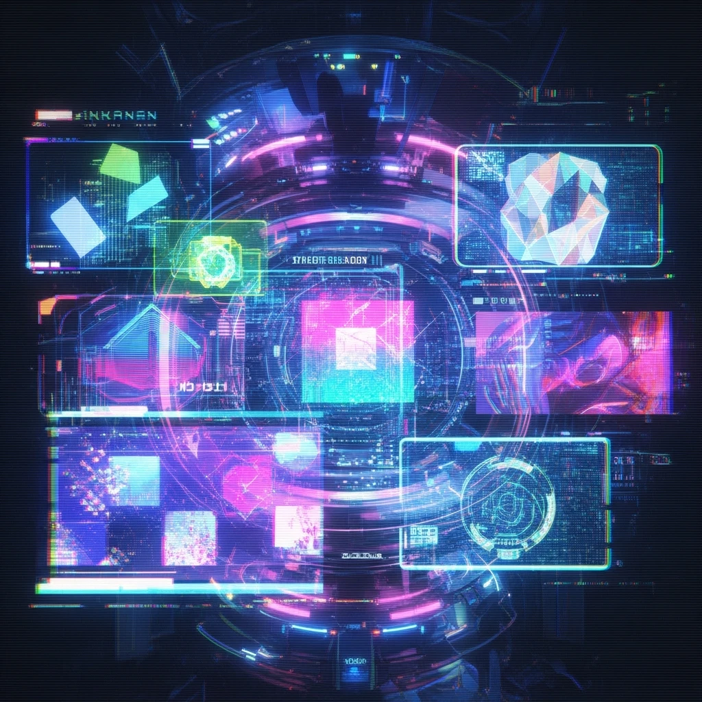 cyberwave glitch digital microscanner projection of these images but featuring no people, cyber hologram, abstract, experimental glitchy brutalist graphicwave,  style of anime emoji