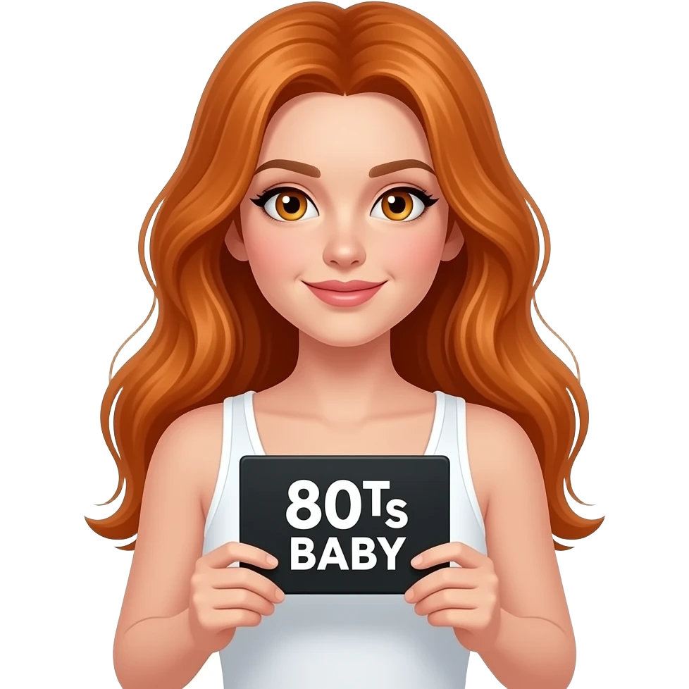sexy girl with long ginger hair and ginger eyes wearing a white tanktop is holding a black sign with 80s BABY written on it emoji