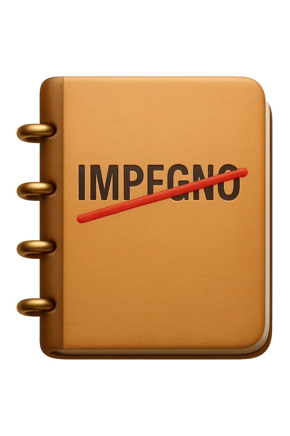 emoji stile iphone di un agenda con la parola "IMPEGNO" SCRITTA SOPRA E UNA CANCELLATURA ROSSA SULLA PAROLA, iperrealistico 4k emoji