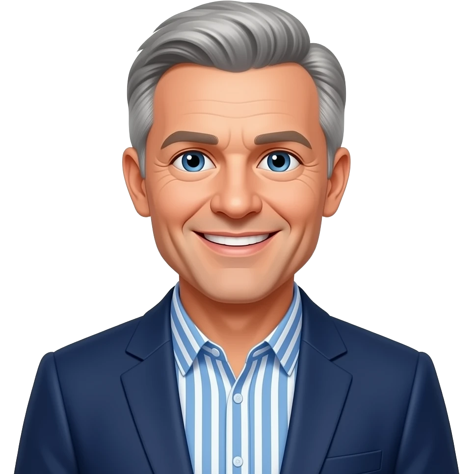 DJR - man, age 70, thin grey hair, blue eyes, blue and white vertical striped shirt, dark blue blazer, friendly smile emoji