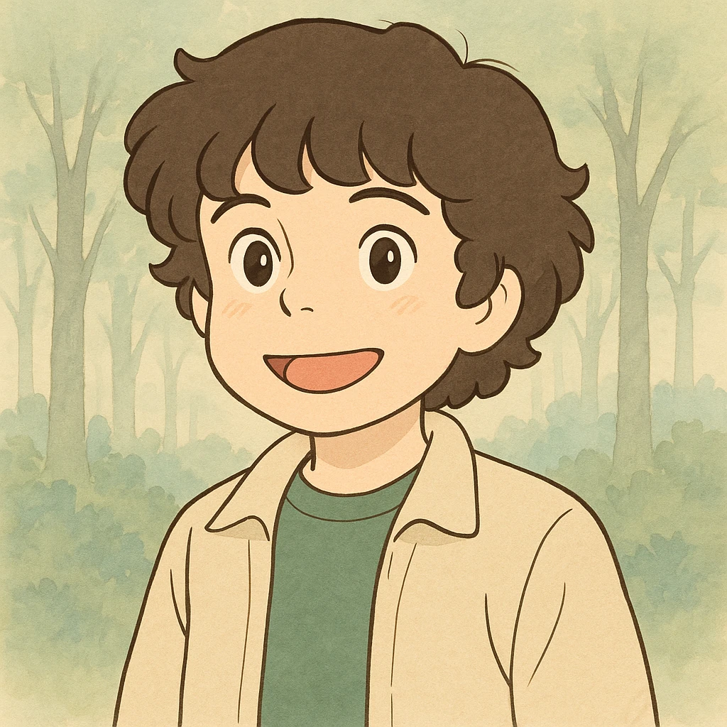 Create a character of Mike Wheeler from Stranger Things inspired by the provided reference image. Use a simple line style with thick outlines, colored in light pastel tones, in the Ghibli style. Format the image in a 1:1 aspect ratio. emoji
