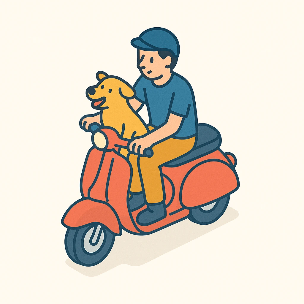 man and his pet dog riding a vespa emoji