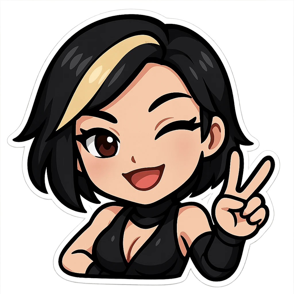 Remove any mask so her face is fully visible. Sexy chibi ninja girl with black short hair and a blonde streak, only head and arms, winking and giving a peace sign, bold outlines, sized for Twitch emoji use. emoji