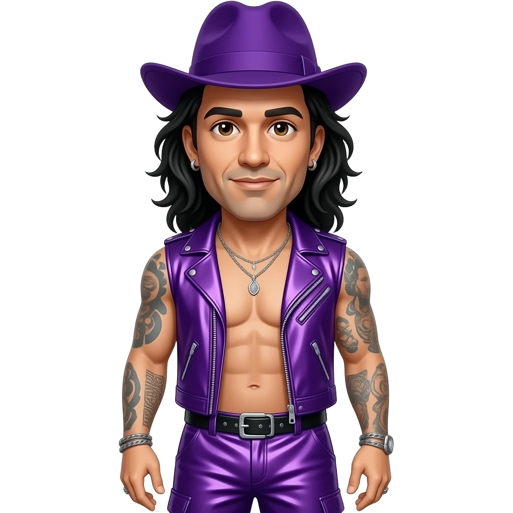 Jonathan Davis with long black hair, brown eyes, purple hat, purple metallic vest, purple metallic baggy loose pants, shirtless with necklace and earrings emoji