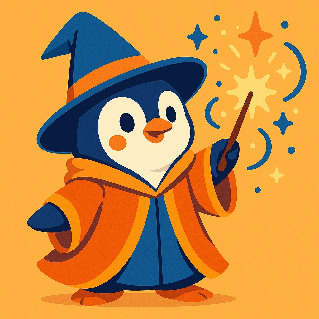 a cute penguin wizard casting a spell, wearing a robe and holding a wand, magical sparkles around emoji