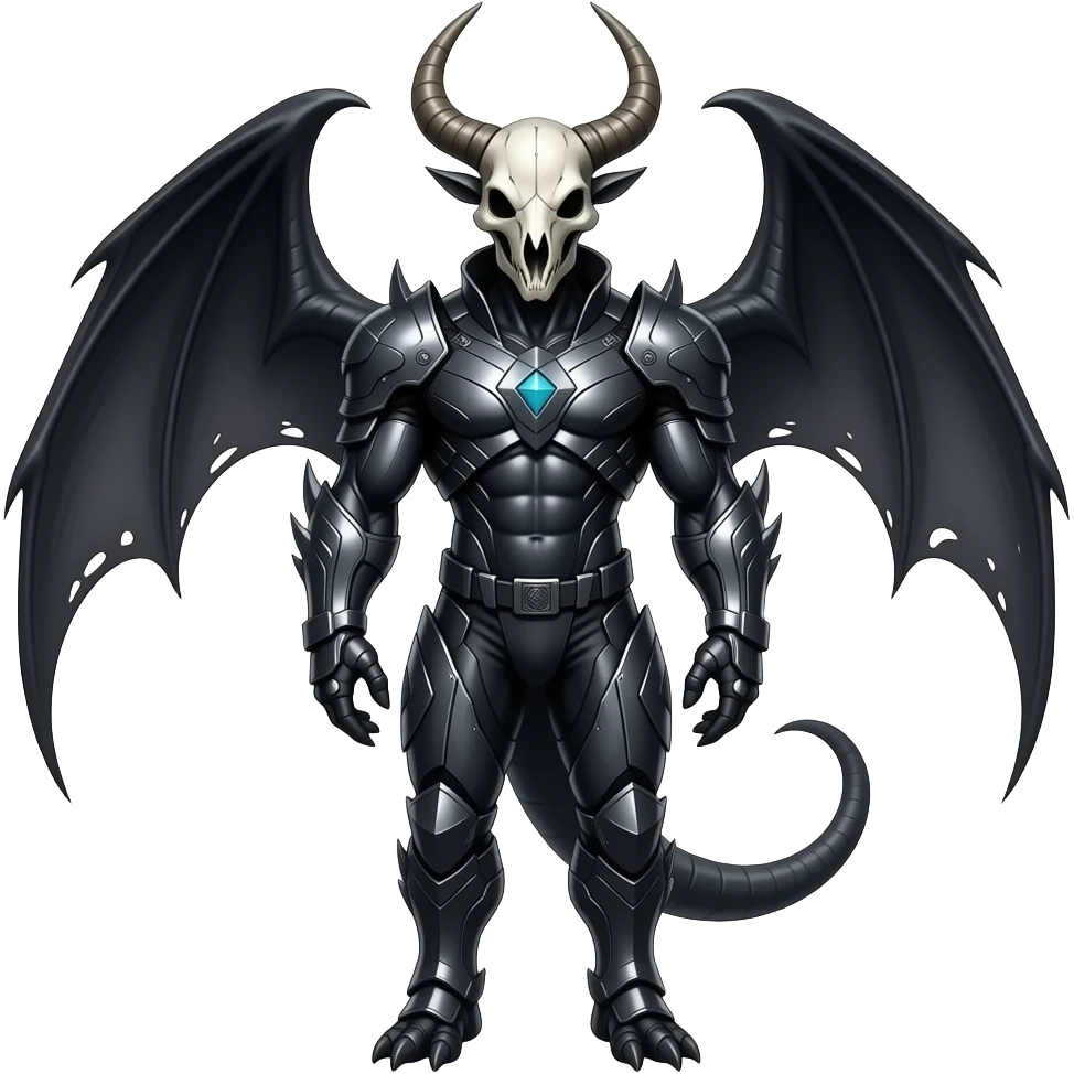 Shiny Dark Edgy Inteleon-Amaura-Fakémon-hybrid-creature (full body) with a horned animal-skull-mask emoji