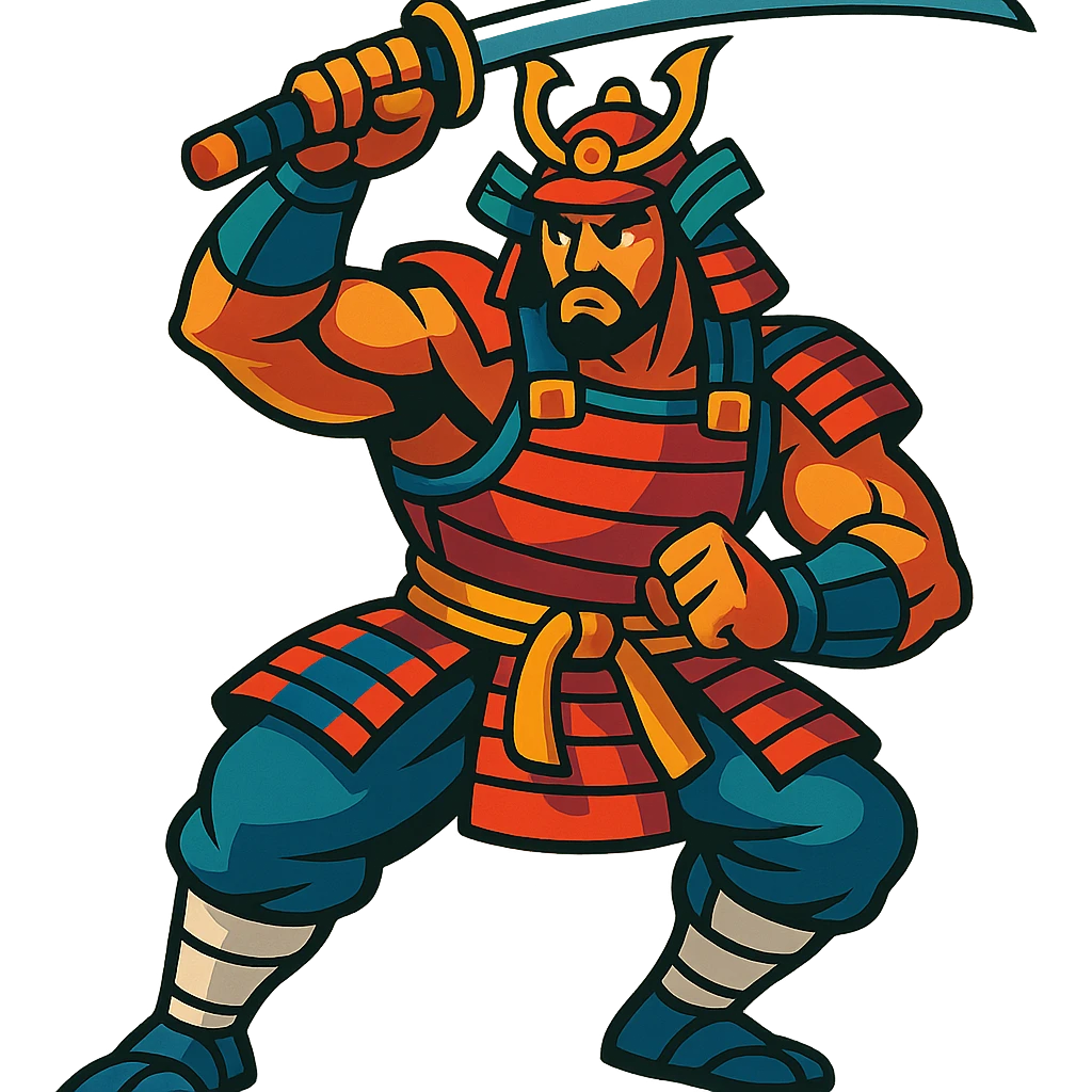 A muscular samurai with bright, lively colors and dynamic shading emoji