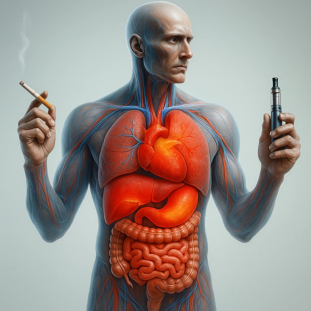 Medical illustration, hyperrealistic 4K, realistic anatomical human body, inflamed liver and intestine highlighted, holding a lit normal cigarette in the right hand and an electronic cigarette in the left hand, clear background, extremely detailed, same lighting and style as the reference image. emoji