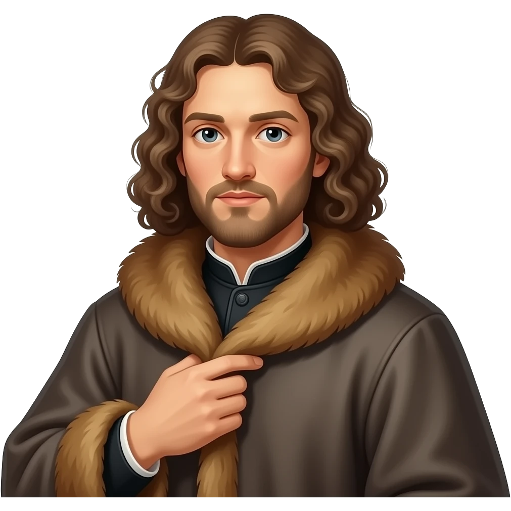 cinematic realistic - en face penetrating balanced, Albrecht Dürer Renaissance self-portrait with long curly hair in a cloak with a fur collar, in Renaissance dress, holding the fur collar with his left hand - contemporary representations of Christ emoji